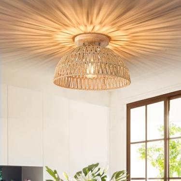 Imagem de ALAISLYC Luminárias De Teto Embutidas De Vime De 13 Polegadas, Estilo Boho, Estilo Fazenda, Gaiola De Corda Rústica De Vime Tecida À Mão Para Sala De Jantar, Cozinha, Quarto, Hall De Entrada, Corred
