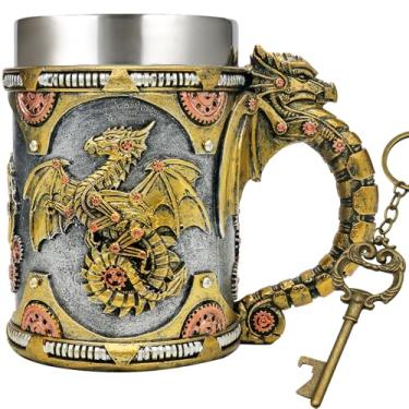 Imagem de alikiki Caneca de dragão medieval Steampunk - Caneca de café grande dragão mecânico D&D presente para homens presentes de Dia dos Pais - 595.3 g Aço Inoxidável Festa Jogos Canecas Cerveja Tankard
