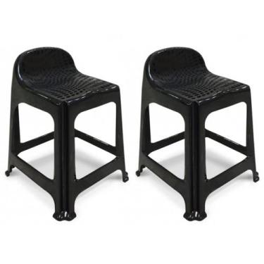 Imagem de Kit 2 Banquetas de Plástico Banquinho Com Encosto Preto Empilhável - P