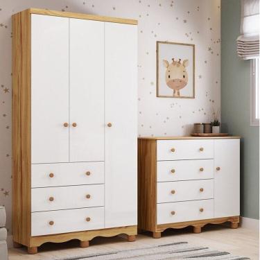 Imagem de Quarto Infantil com Guarda-Roupa 3 Portas e Cômoda 1 Porta 100% MDF Mimo Espresso Móveis Branco Brilho/Amêndoa