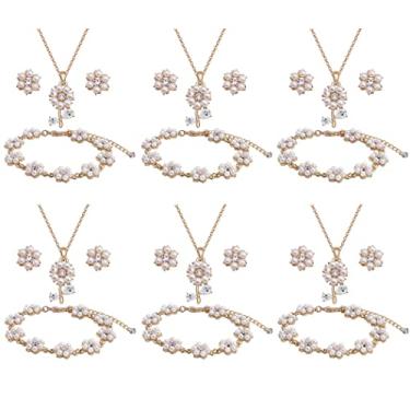 Imagem de Conjunto de joias de dama de honra para casamento, pingente de flor banhado a ouro 18K ou ouro rosa ou prata com colar de pérolas simuladas, conjunto de pulseiras para mulheres e meninas, Zinco Metal Pérola sintética, Sem Pedra Preciosa