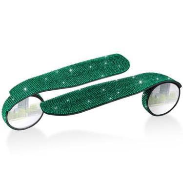 Imagem de 2 peças espelho retrovisor de sobrancelha de diamante imitação de diamante piscante para carro com proteção contra chuva visão grande angular (verde)