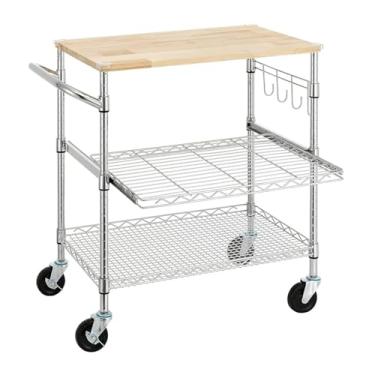 Imagem de Carrinho de Armazenamento Carrinho de cozinha de 3 camadas com mesa de madeira de carvalho, carrinho de ilha de cozinha, carrinho de micro-ondas e carrinho de café com ganchos para sala de jantar Carr