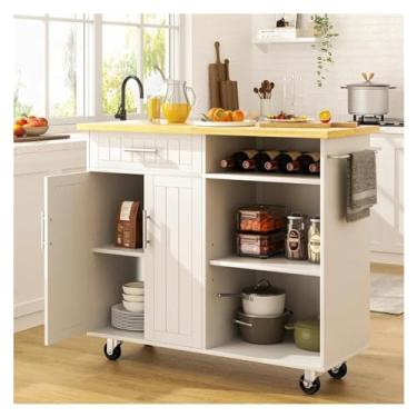Imagem de Carrinho de Armazenamento Ilha de cozinha sobre rodas com armário de armazenamento e gaveta, carrinho de cozinha multifuncional de 42" sobre rodas com alça de carrinho de prateleiras Carrinho de Armaz