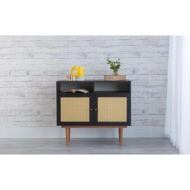 Imagem de Balcão Buffet Pés Palito Madeira 2 Portas Com Nichos Mdf E Palhinha Es