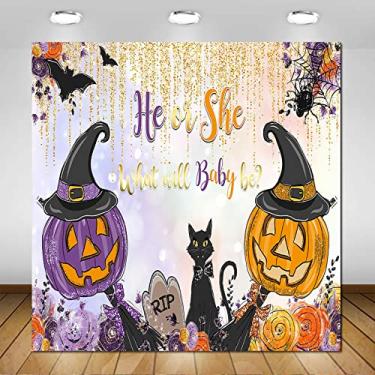 Imagem de Avezano Pano de fundo revelador de gênero de Halloween para ele ou ela abóbora com tema de Halloween para meninos ou meninas sessão de fotos (2,4 x 2,4 m)