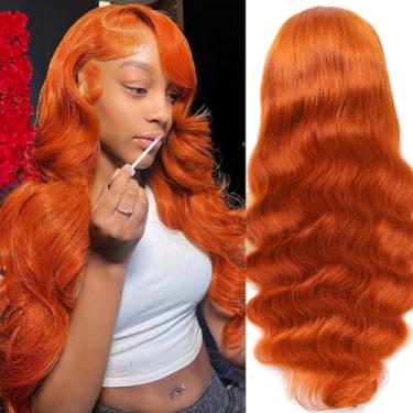 Imagem de Hiyoker Peruca De Renda Frontal Ruiva Laranja De 30 Polegadas, Cabelo Humano Pré-Arrancado, Densidade 200, Peruca Ruiva 12A, Cabelo Humano, 13X4, Peruca De Renda Frontal Hd 88J, Perucas Coloridas On