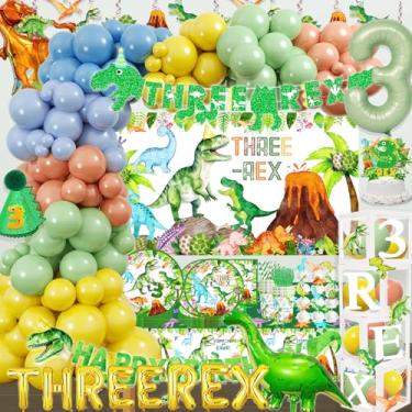 Imagem de BIGKEOKI Decorações De Aniversário Dinossauro Para Menino 3 Anos, Three Rex, Pratos Trex, Guardanapos, Copos, Caixa Balões, Guirlanda Faixa, Coroa, Pano Fundo, Toalha Mesa Festa Dinossauro, Suprimen