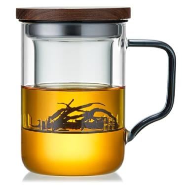 Imagem de Xícara de chá de vidro com infusor e tampa, xícara de chá grande de borossilicato de 430 ml, caneca transparente para chá de folhas soltas, presente de aniversário para mulheres e homens