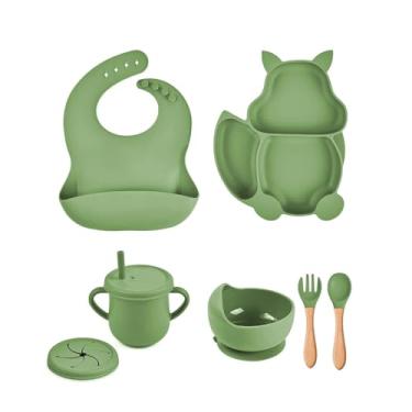 Imagem de Kit 7 Alimentação De Bebe Prato Silicone Infantil Babador (Verde)