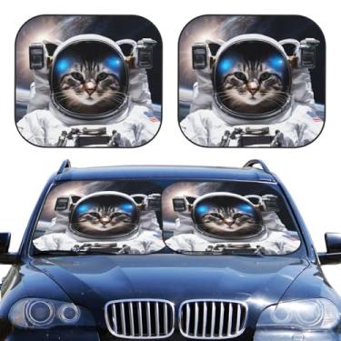 Imagem de Guarda-sol engraçado astronauta gato espaço 2 peças para-brisa carro para-sol janela frontal dobrável bloqueia os raios UV e mantém seu veículo fresco para a maioria dos sedãs SUV caminhão, médio