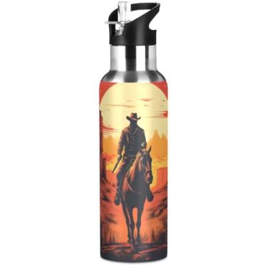 Imagem de Garrafa de água Sunset Cowboy Cavalo Infantil Isolada Esportiva a Vácuo Caneca de Aço Inoxidável com Tampa de Canudo e Alça 590 ml