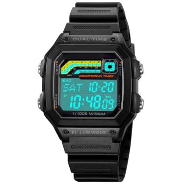 Imagem de PASOY Relógio digital masculino dourado masculino de aço inoxidável, alarme, cronômetro, contagem regressiva, esporte ao ar livre, impermeável, 2 fusos horários, Pulseira preta/borracha, Tendência