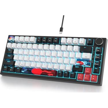 Imagem de Fogruaden Teclado mecânico 75% com fio, troca a quente, interruptor vermelho, teclado mecânico TKL, suporte de junta, teclado compacto para jogos NKRO retroiluminado RGB com botão de volume (preto e