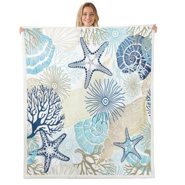 Imagem de jejeloiu Cobertor oceano sherpa meninos meninas bebê 76,2 x 101,6 cm azul coral tropical cobertor de lã para crianças mulheres homens estrela do mar cobertor felpudo praia náutica cobertor flanela