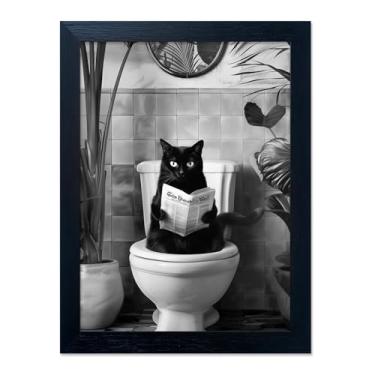 Imagem de Arte de parede preto e branco para banheiro pequeno gato preto sentado no vaso sanitário imagens engraçadas decoração de parede pintura em tela emoldurada para banheiro infantil