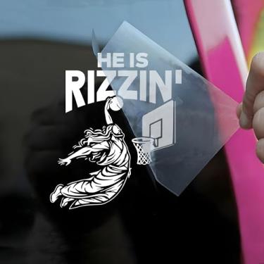Imagem de Decalque de carro He is Rizzin engraçado Jesus jogando basquete cristão, religioso, versículo bíblico, humor acessórios de janela de carro afirmações vinil impermeável 15 centímetros decalque decalque