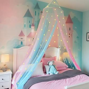 Imagem de Eimilaly Dossel De Cama Bicolor Com Estrelas Que Brilham No Escuro, Rosa E Azul, Mosquiteiro, Decoração Quarto Menina, Porta Única