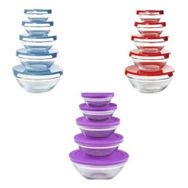 Imagem de Conjunto 5 Potes Vidro Com Tampa Vasilhas Tigela Cor Sortida - PRATICA