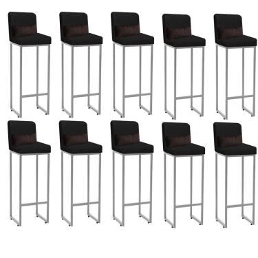 Imagem de Kit 10 Banqueta Alta Com Encosto Balcão Ferro Prata Suede Preto E Almofada Marrom
