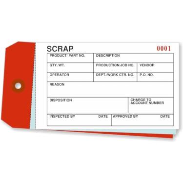 Imagem de SmartSign (Pacote com 100) Etiquetas de inventário de sucata de 3 partes - 15,9 cm x 7,9 cm, etiquetas de cartão vermelhas de 13 pontos com 60# folhas de papel carbono branco, escrever, forma de papel