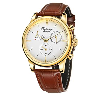 Imagem de FORSINING Relógio masculino automático de reserva de energia exibição de data relógio de pulso mecânico moderno, 03 - ouro branco e marrom, Relógio automático, mecânico, corda automática