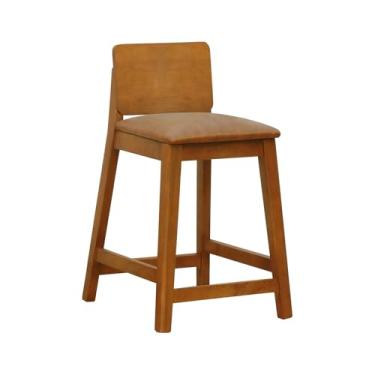 Imagem de Banqueta Média Lyon Madeira Encosto Anatômico - Amêndoa Assento Estofado Corano Marrom Mescla