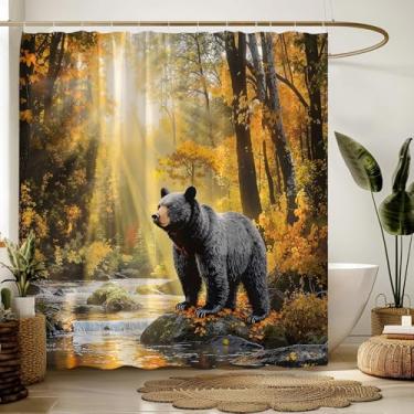 Imagem de YNFUQANLN Cortina de chuveiro rústica de urso retrô cabana outono floresta outono folhas de bordo árvores animais selvagens caça acampamento lago 177,8 cm L x 170 A cortina de tecido para decoração de