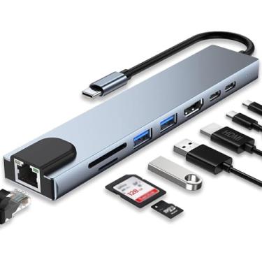 Imagem de Hub USB-C 8 em 1, Hub Adaptador Multifuncional com HDMI 4K, Ethernet RJ45, Carregamento PD, 2 Portas USB 3.0, Leitor SD/TF, Cinza