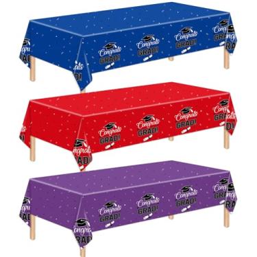 Imagem de 3 toalhas de mesa de graduação classe de 2025, toalha de mesa de plástico Congrats Grad, capa de mesa retangular descartável de 137 x 272 cm para suprimentos de festa de formatura, decoração de festa