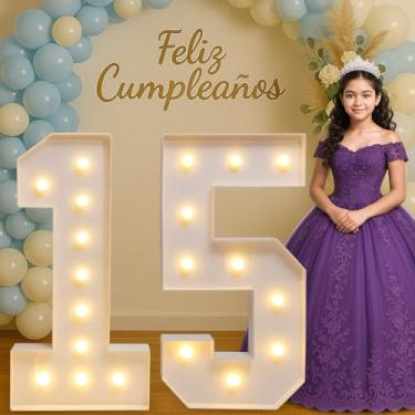 Imagem de Números para letreiros grandes decorações de aniversário de 15 anos para meninas e meninos, 15 números iluminados decorações de festa de quinze anos, número 15 decoração para quinze anos, centros de