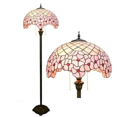 Imagem de errzom Luminária De Chão Estilo Tiffany [2 Luzes] [16''L X 62''A] Luzes Decoração Para Casa Vitral Antigo Flor Cerejeira Rosa Luz Leitura Pé Sala Estar Quarto Corredor Canto Cabeceira