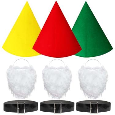Imagem de amivoo Conjunto de fantasia de gnomo – chapéu de gnomo, cinto de barba, acessórios de fantasia de anão, chapéus pontiagudos de duende de bruxa de giz de cera para Halloween (amarelo/vermelho/verde)