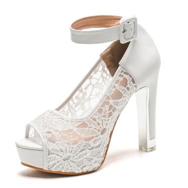 Imagem de Jeesay Sandália feminina de renda de salto alto grosso, bico aberto, tira no tornozelo, plataforma, para casamento, Branco, 35
