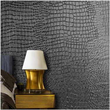 Imagem de Papel de parede preto para descascar e colar papel de parede removível de crocodilo autoadesivo 15,7" x 197" papel de contato em relevo papel de parede texturizado para quarto de armário com fita métrica