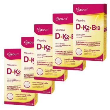 Imagem de Kit 5x Vitamina D + K2 Mk7 + B12 Geovit Sabor Morango  60 Comprimidos 