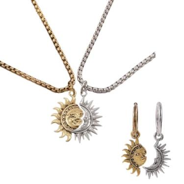 Imagem de LANWLOSI Conjunto de colares de sol e lua para mulheres homens retrô sol e lua combinando colares com pingente assimétrico solar lunar brincos de argola única meia joia presentes para casal BFF, Zinco