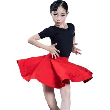 Imagem de 2023 Novo Vestido Latino Dae Para Meninas Verão Em Torno Do Pescoço Manga Curta Collant E Saia Para Rumba Samba Cha Cha Tango Crianças Roupas Latinas Para Treinamento, Red, 160