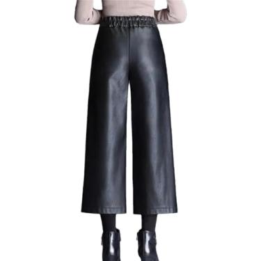 Imagem de Mulheres Cintura Alta Pu Perna Larga Tornozelo Calças Largas Couro Sintético Preto Brilhante, Elastic Pants, S