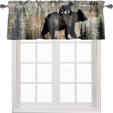 Imagem de Cortina de janela rústica com isolamento térmico, urso, floresta, animal, floresta, vida selvagem, retrô, madeira, tábua, varão, bolso, cortinas, cortinas para sala de estar, banheiro, quarto, cozinha