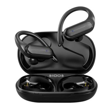 Imagem de Fone de ouvido sem fio Bluetooth fones de ouvido estéreo de alta fidelidade display LED de energia suporte para chamadas de voz com gancho para corrida e esportes ao ar livre Preto