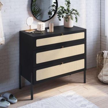 Imagem de Cômoda Dafne 3 Gavetas Palhinha Pé Madeira Boho Móvel na Caixa, Nero/P