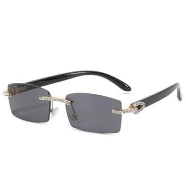 Imagem de VFDHN Óculos de sol retrô retangular pequeno sem aro, masculino e feminino, luxuoso, sem armação, vintage, UV400 (preto e cinza)