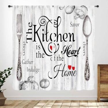 Imagem de Cortinas de cozinha rústicas, garfo retrô, tábuas de madeira, tema de culinária rural, citações engraçadas, tratamento de janela para quarto, sala de estar, banheiro, 2 painéis, 106 x 150 cm