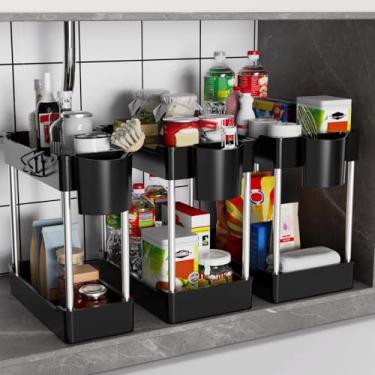 Imagem de JYSMYWS Pacote com 3 organizadores e armazenamento sob a pia, prateleira organizadora de armário de banheiro de 2 camadas com copos pendurados para cozinha e banheiro (preto)