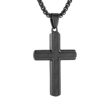 Imagem de HZMAN Colar de cruz de fibra de carbono para homens, pingente de crucifixo cristão de aço inoxidável, inclui colar de 52 + corrente de 5 cm, Aço inoxidável, Sem Pedra Preciosa
