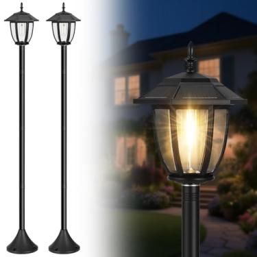 Imagem de Derynome Poste de luzes solares de 162,6 cm, à prova d'água, pacote com 2, lâmpadas decorativas com vidro, poste de aço, ligar/desligar automaticamente, fácil instalação para jardim, quintal, pátio