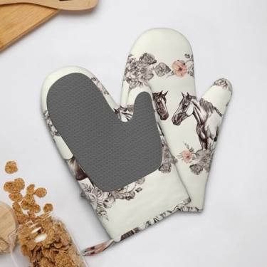 Imagem de Conjunto de 2 luvas de silicone para forno, resistentes ao calor, antiderrapantes, luvas de forno, forro de algodão macio, flores e cavalos, luvas de churrasco desenhadas à mão para cozinhar, assar