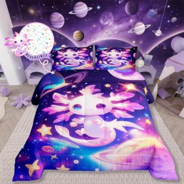 Imagem de Erosebridal Axolotl Conjunto de cama solteiro para crianças, meninos, meninas, galáxia, planeta, espaço, desenho animado, animal, roxo, sonhador e estrelado