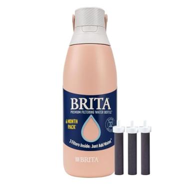 Imagem de Brita Garrafa de água de filtragem premium de aço inoxidável, livre de BPA, reutilizável, isolada, substitui 300 garrafas de água de plástico, o filtro dura 6 meses, inclui 3 filtros, rosa - 946 ml (3